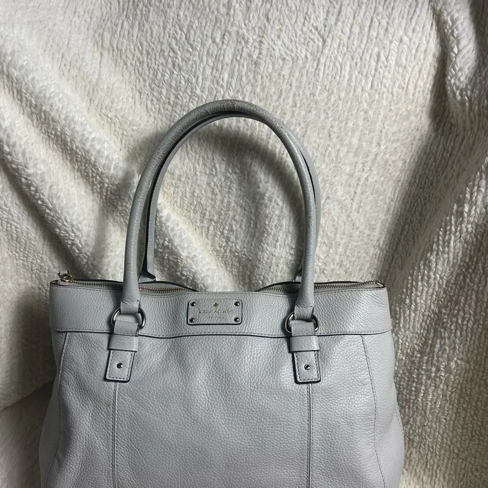 Kate Spade Elegant Gray Leather large Tote Bag silver tone hardwares .